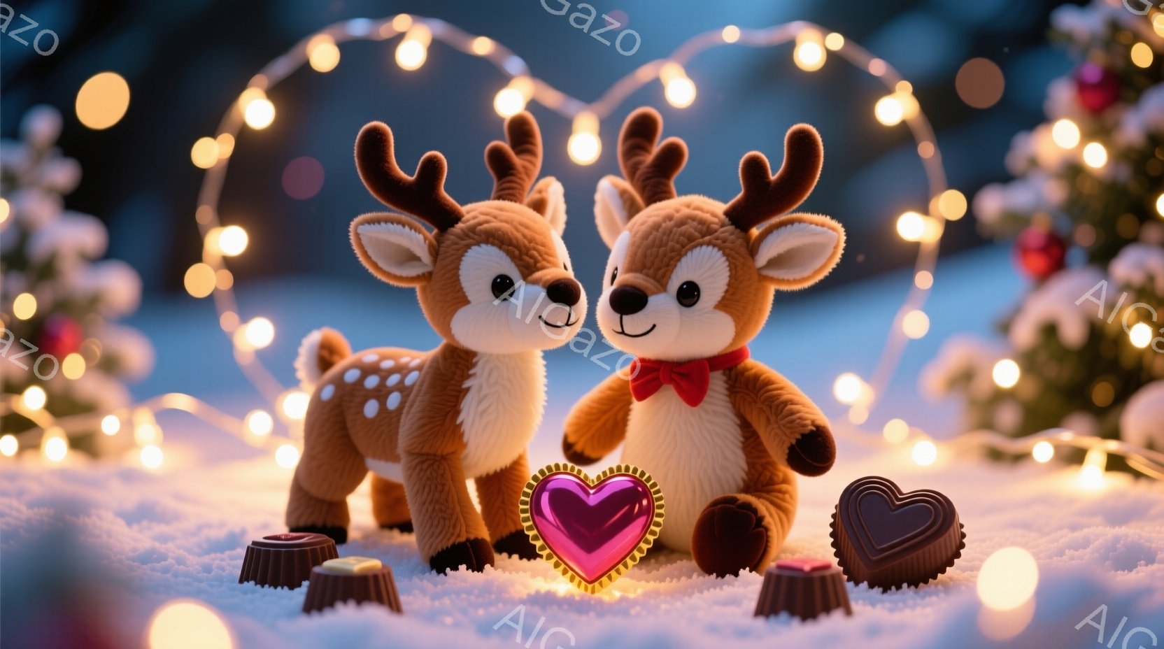 雪の上に2匹の愛らしい子鹿が寄り添っています。片方の鹿は赤いリボンを首に巻き、もう片方は体に白い斑点模様があります。背景にはキラキラと輝く電飾と雪景色が広がり、周囲にはチョコレートとハート型の飾りも置かれています。