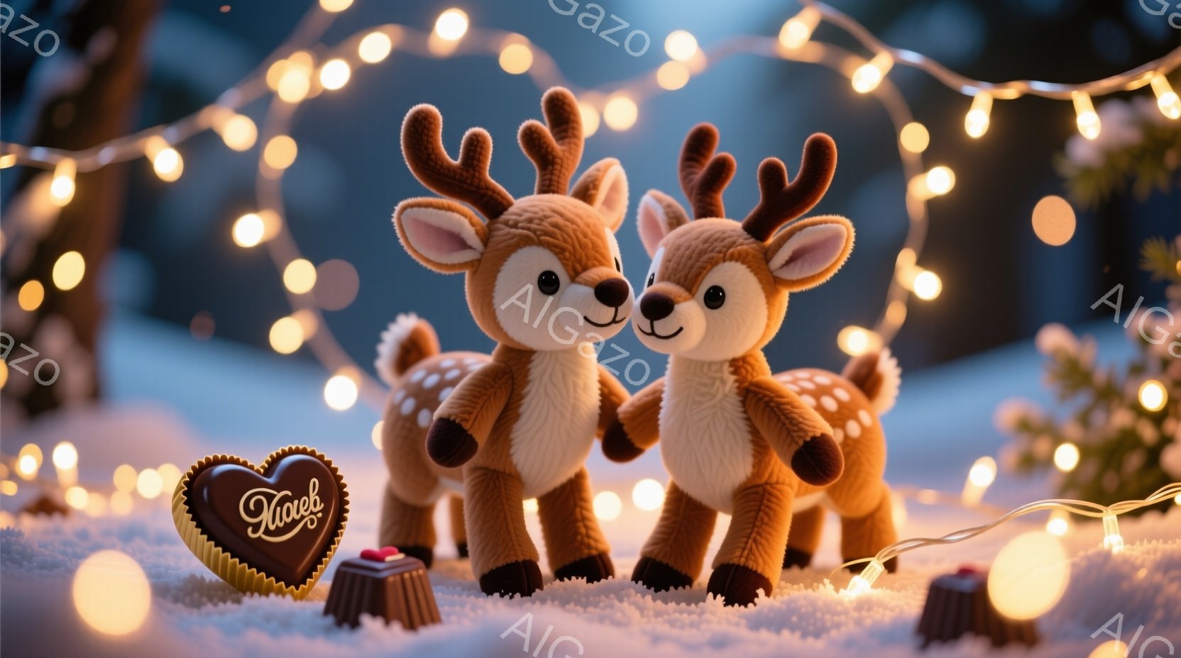 ふわふわの毛並みを持つ2匹の愛らしいトナカイの人形が寄り添っています。彼らは白い雪の上に立ち、背景にはぼんやりと緑の木々と暖かく輝く電飾が広がっています。チョコレートのクッキーやトリュフも雪の上に置か - AI生成フリー素材
