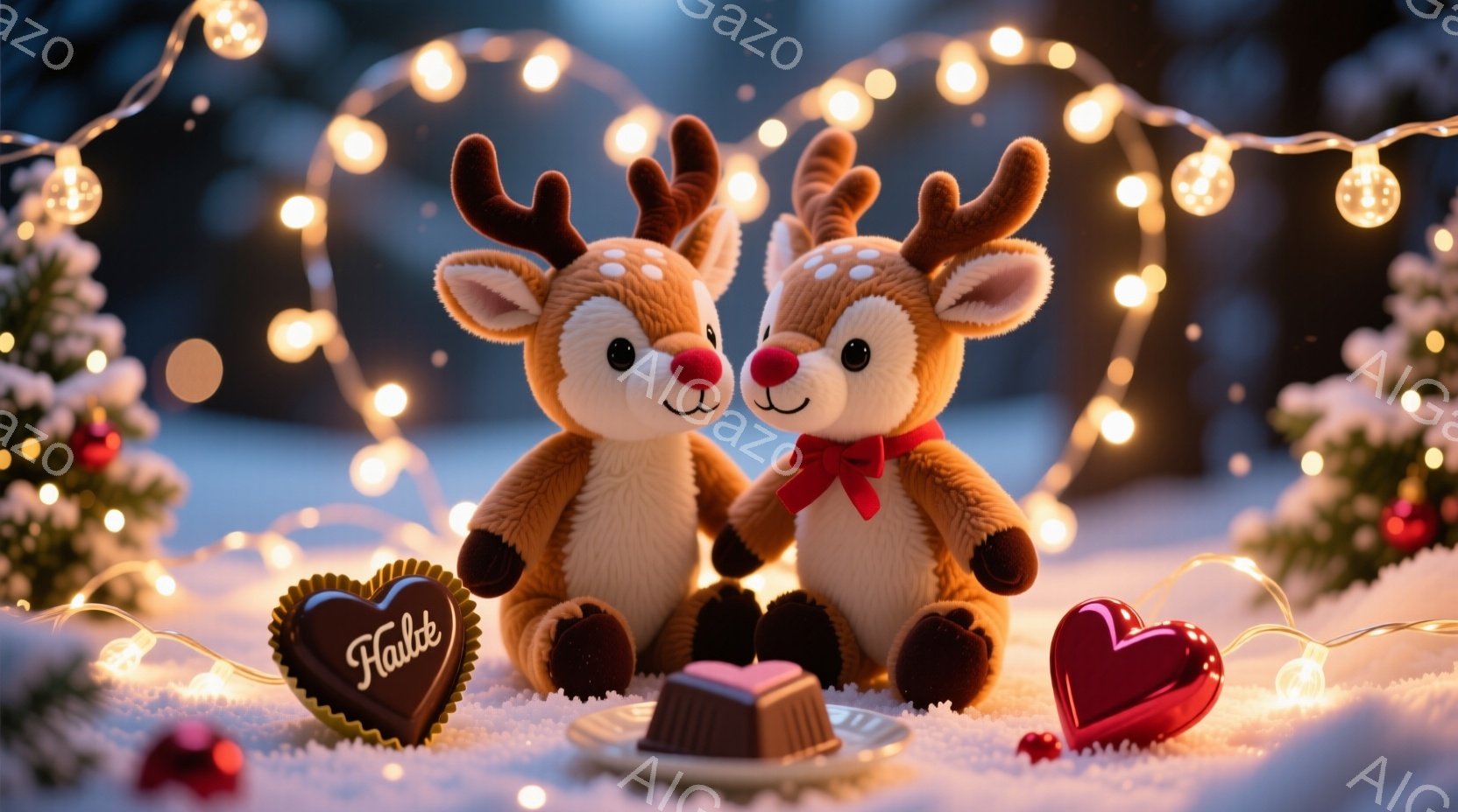 ふわふわの茶色の鹿のぬいぐるみ2匹が寄り添って座っています。赤いリボンを首に巻き、可愛らしい表情をしています。背景にはクリスマスの飾り、雪景色、そしてハート型のチョコレートやクッキーが置かれ、温かくロマンチックな雰囲気を醸し出しています。