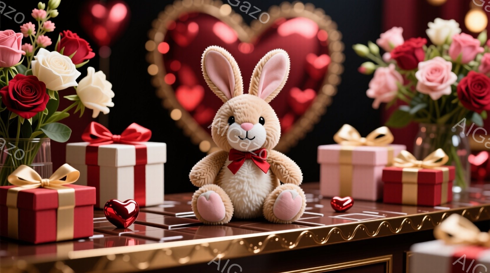 柔らかいクリーム色のウサギのぬいぐるみは、赤いリボンをつけてテーブルの上に座っています。背景には赤いハート型の装飾と、赤と白のギフトボックスが並べられ、華やかな雰囲気を醸し出しています。全体的に、バレンタインデーや愛情を表現するロマンチックで温かいイメージです。