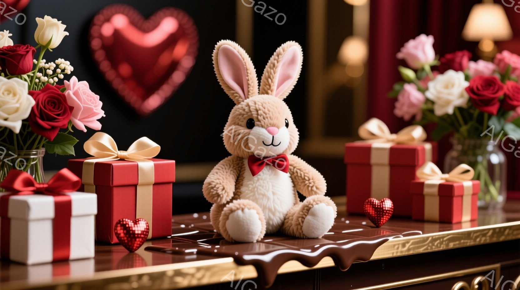 柔らかいベージュ色のウサギのぬいぐるみは、赤いリボンと蝶ネクタイをつけて、赤いギフトボックスとキラキラしたハートの形の装飾品が並んだテーブルに座っています。背景には、赤いハート型の装飾と花束が飾られた - AI生成フリー素材
