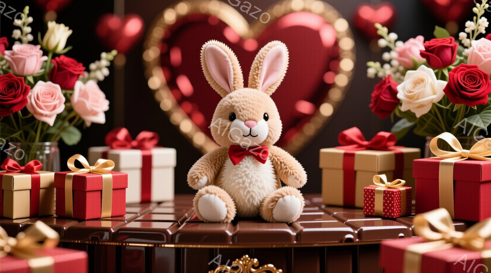 柔らかい茶色のウサギのぬいぐるみは赤い蝶ネクタイを付けて、艶やかな茶色のテーブルの上に座っています。周囲には赤い、金色の、水玉模様のギフトボックスと、バラや他の花が飾られた花瓶があります。背景には金色のハートの装飾が施された暗い背景があり、全体的にロマンチックで愛情のある雰囲気を醸し出しています。