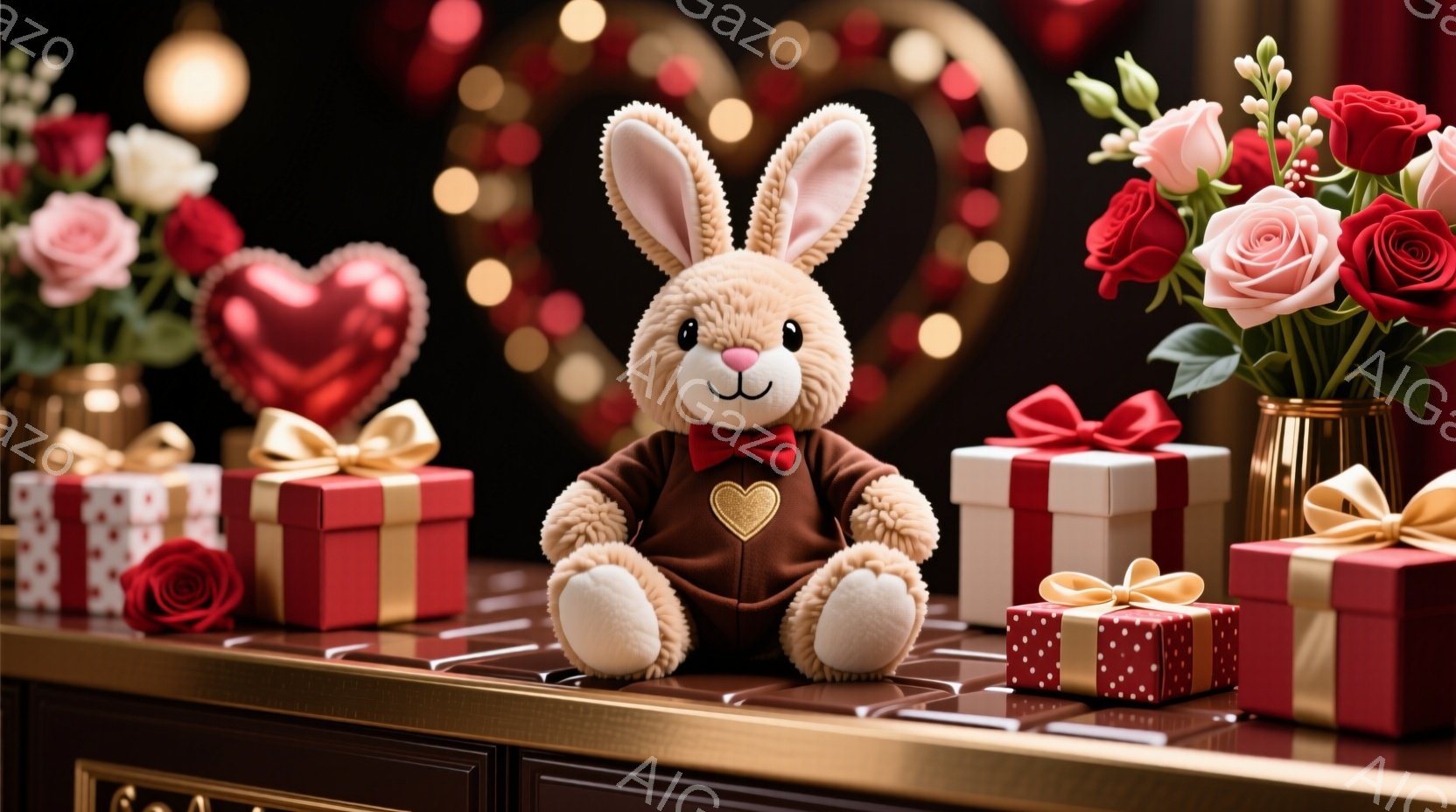 ふわふわのベージュ色のウサギのぬいぐるみは、赤いハート型の服とリボンをつけて座っています。背景には、赤い水玉模様のギフトボックス、バラの花、そしてぼんやりとした光の背景があり、バレンタインデーのような - AI生成フリー素材