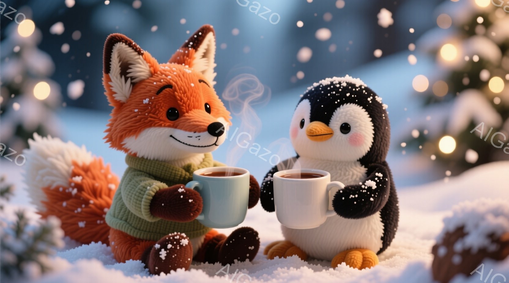 ふわふわの毛並みを持つ狐とペンギンが、雪景色の中で温かい飲み物を楽しんでいます。狐は緑色のセーターを着ており、ペンギンはふわふわの白い腹部と黒い背中を持っています。背景にはぼやけた木々と輝く光があり、 - AI生成フリー素材