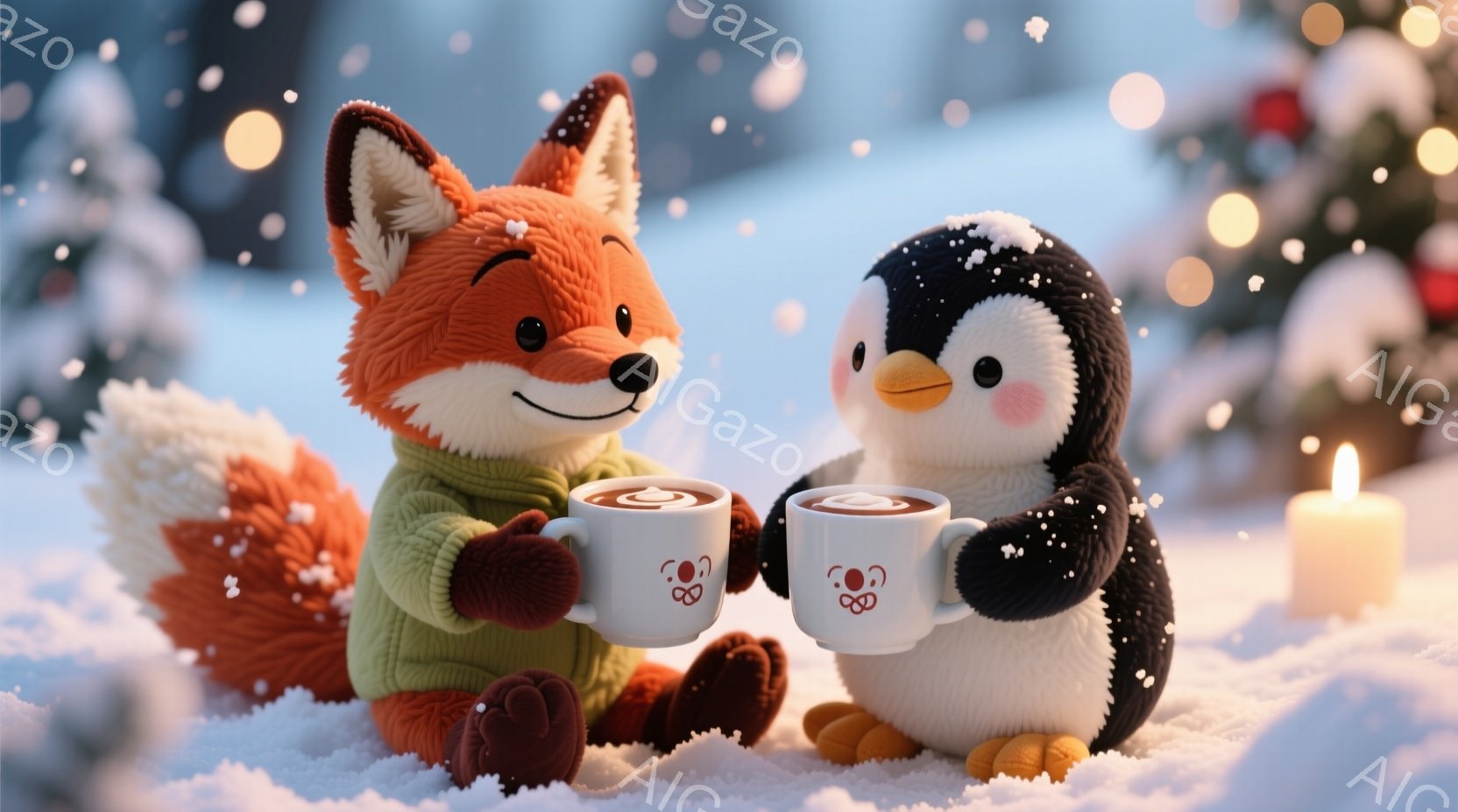 雪景色の中に、キツネとペンギンの可愛らしいキャラクターが描かれています。キツネは緑色のセーターを着ており、ペンギンは白い背景に映えて、それぞれカップを持って暖を取っているようです。背景にはぼんやりとクリスマスツリーが見え、キャンドルの光が暖かく、冬の穏やかな雰囲気を醸し出しています。