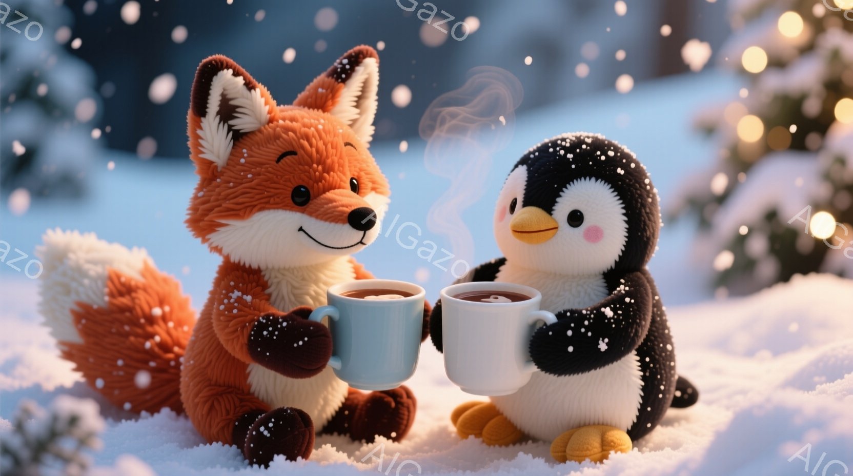 オレンジ色の毛並みのキツネと、黒と白のペンギンが雪の上に座り、湯気の立つマグカップを持っています。キツネは穏やかな笑顔で、ペンギンも可愛らしい表情をしています。背景にはぼんやりとしたクリスマスツリーの光があり、雪が舞う冬の暖かく穏やかな雰囲気が漂っています。