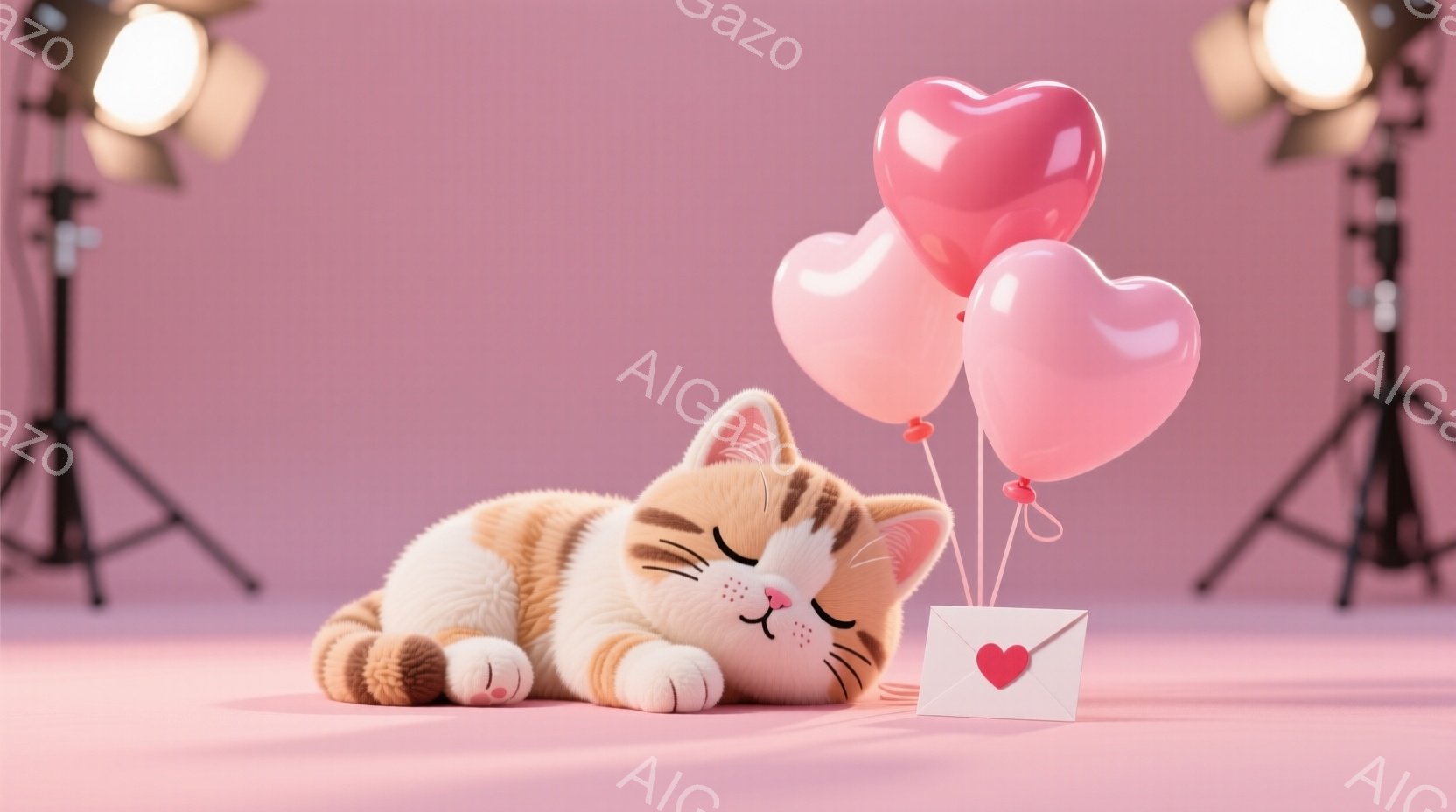 暖色系の背景に、茶色と白の縞模様の猫が横たわって眠っています。猫は目を閉じ、リラックスした表情をしており、近くにはハート型の風船と封筒が置かれています。背景にはライトスタンドが配置され、全体的に柔らかく、愛情に満ちた雰囲気を醸し出しています。