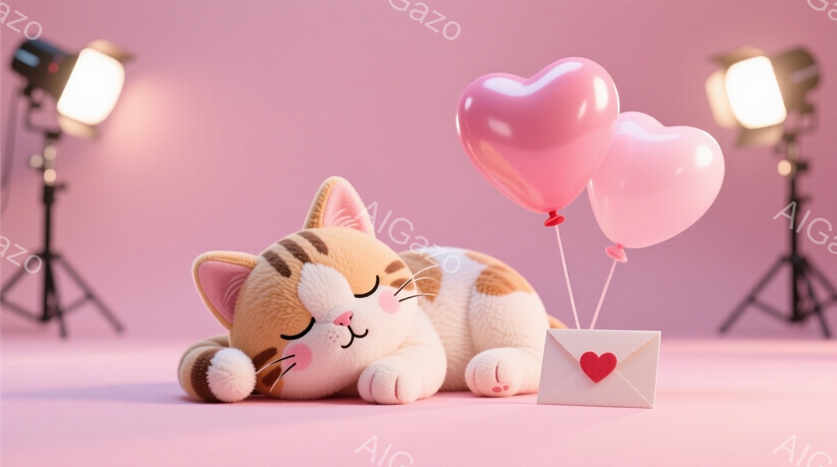 白と茶色の縞模様の猫が、目を閉じて眠っています。ピンク色の風船とハートの絵柄が入った手紙が猫の周りに置かれており、背景は淡いピンク色です。全体的に、柔らかく、甘い、そして夢のような雰囲気が漂っています。