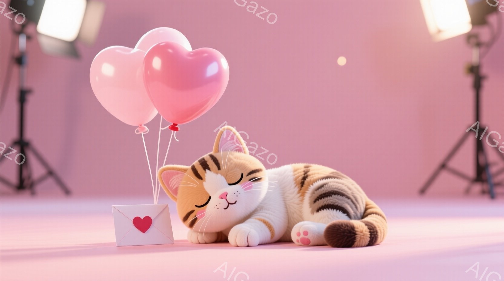 縞模様の猫が、ピンク色の背景に横たわっています。猫の周りにはハート型の風船が浮かび、隣にはハートが描かれた手紙が置かれています。全体的に柔らかく、夢見がちな、可愛らしい雰囲気です。
