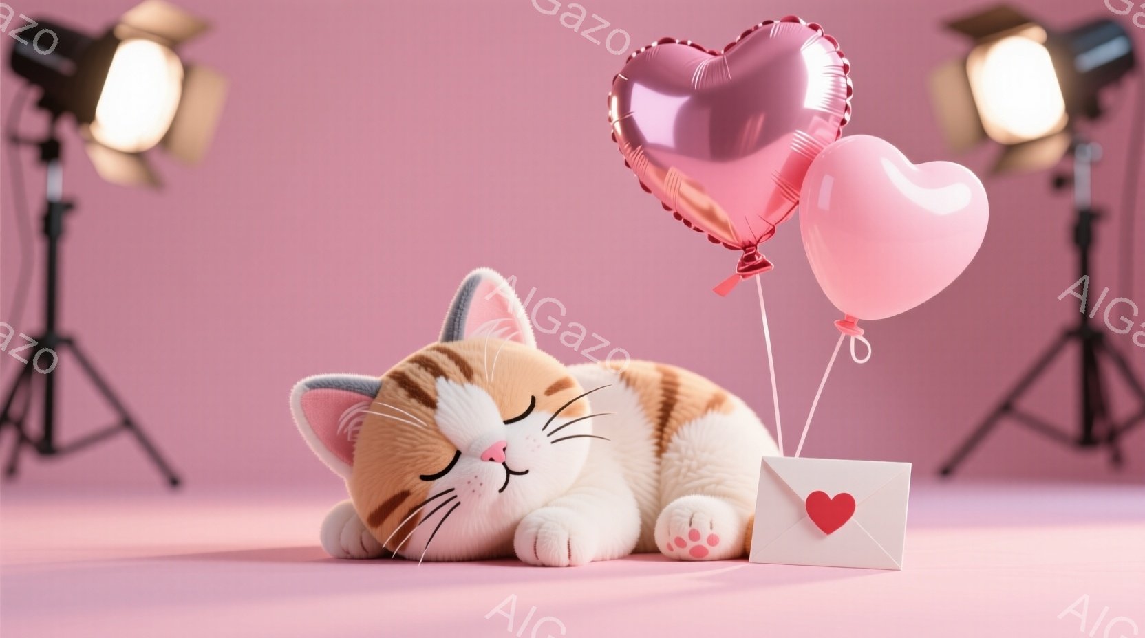 明るいピンク色の背景に、オレンジと白の縞模様の猫が仰向けに寝ています。猫は目を閉じ、穏やかな表情で、足の裏にはピンク色の肉球が見えます。猫の隣には、赤いハートの絵柄が入った白い封筒と、2つのピンク色の - AI生成フリー素材