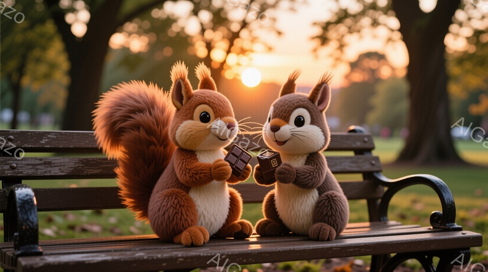 二匹のふわふわしたリスが、公園のベンチに座り、チョコレートを分け合っています。片方のリスはチョコレートを手に持ち、もう片方のリスはそれを美味しそうに眺めています。背景には夕焼け空が広がり、暖かく穏やかな雰囲気が漂っています。