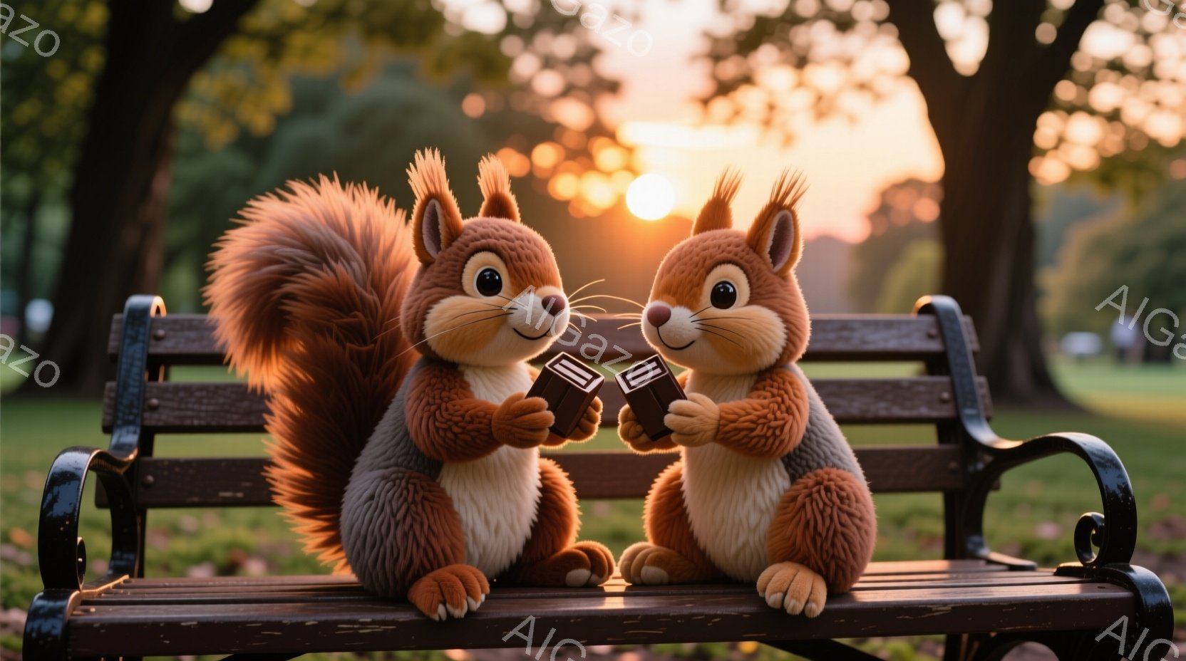 二匹の愛らしいリスが、公園のベンチに並んで座り、それぞれチョコレートバーを手に持っています。リスたちは明るい茶色の毛並みで、大きな瞳と愛らしい表情をしています。背景は夕焼けの空と緑豊かな木々で、穏やか - AI生成フリー素材