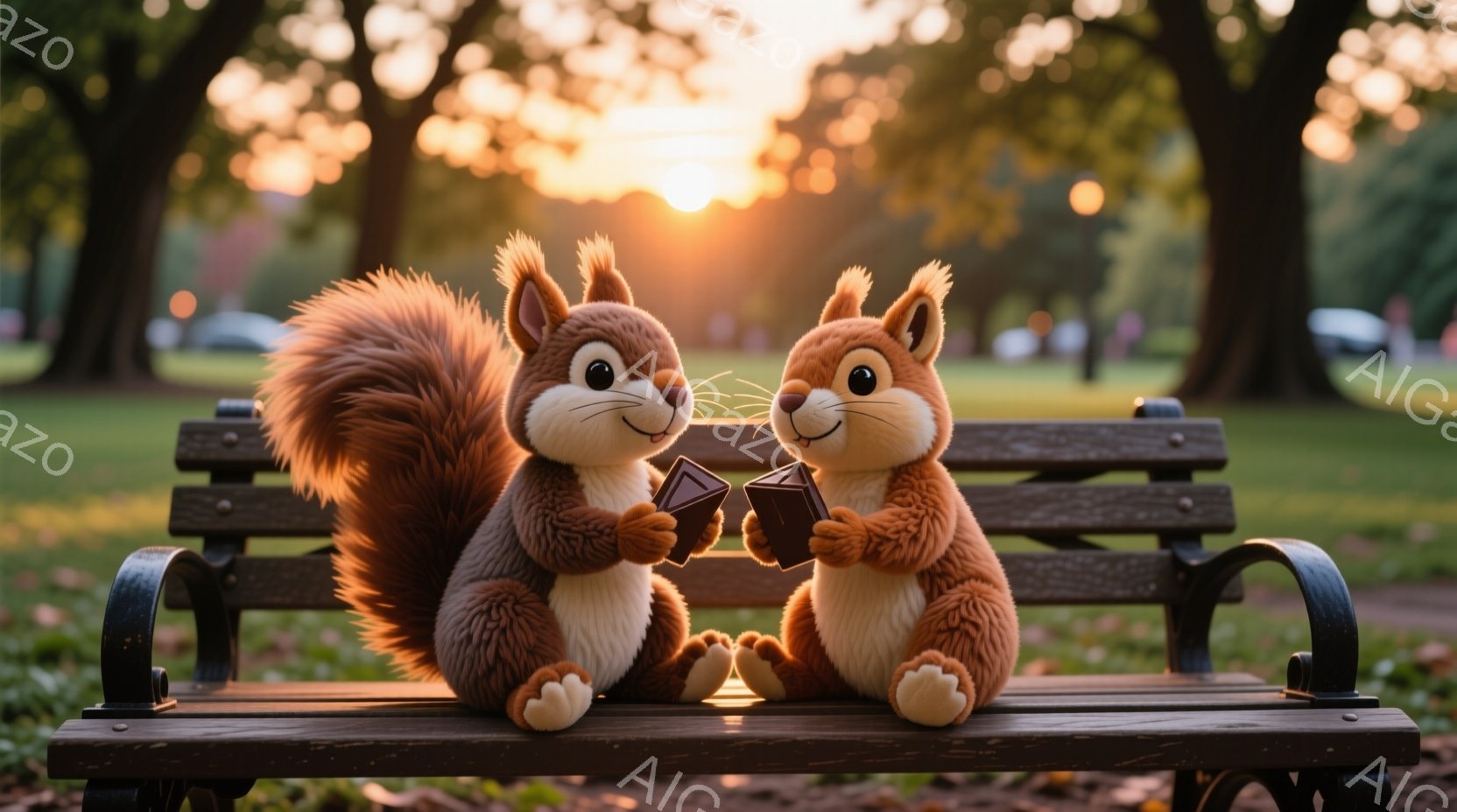 二匹の愛らしいリスが公園のベンチに座り、それぞれチョコレートを手に持っています。リスたちは笑顔で、お互いを見つめ合っているようで、とても幸せな様子です。背景には緑豊かな木々と、夕焼け空が広がり、温かく穏やかな雰囲気を醸し出しています。