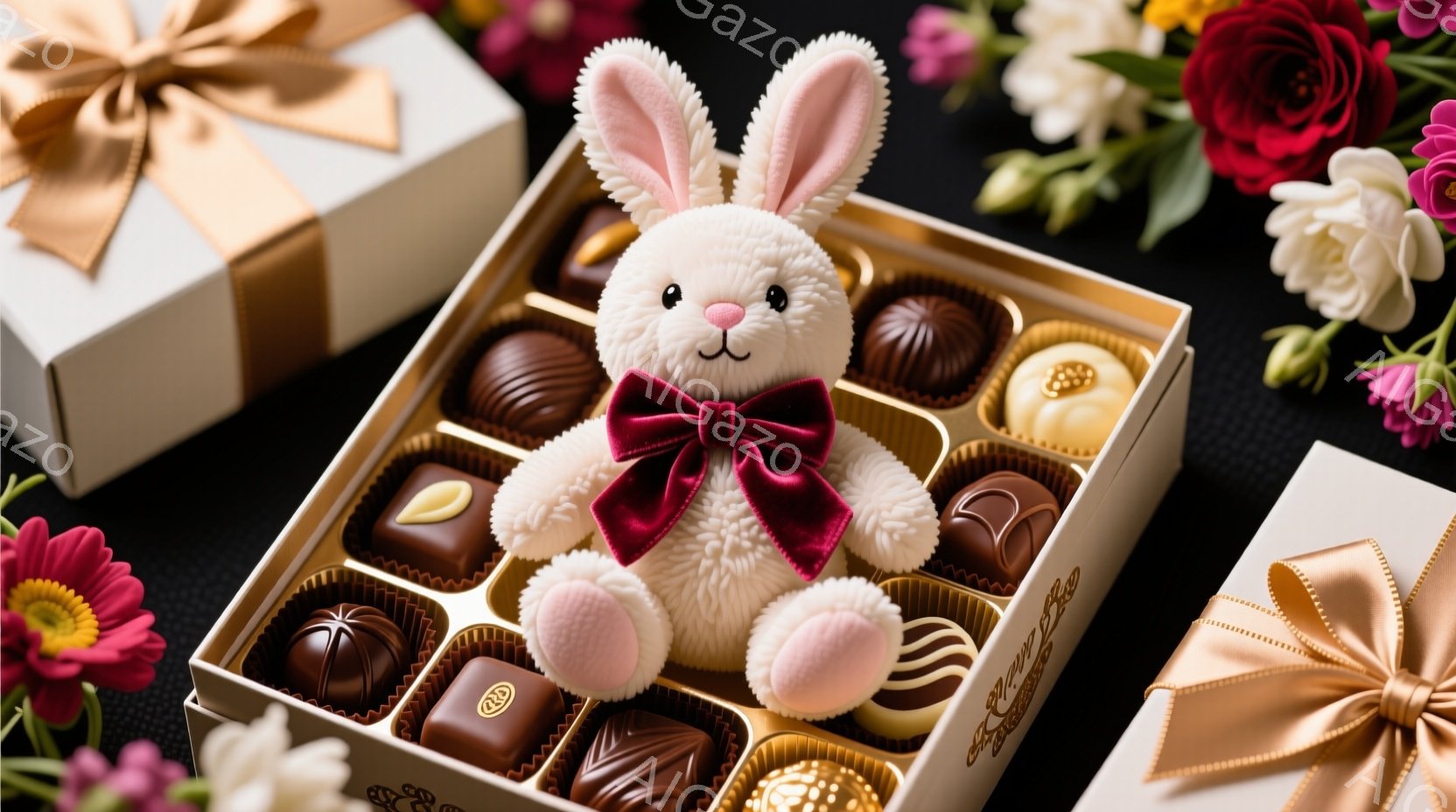 チョコレートが並んだ箱の中に、ふわふわの白いウサギのぬいぐるみが座っています。ウサギは赤いリボンをつけており、かわいらしい表情をしています。背景には、ピンクと白の花が咲き乱れ、ギフトボックスが見え、甘 - AI生成フリー素材