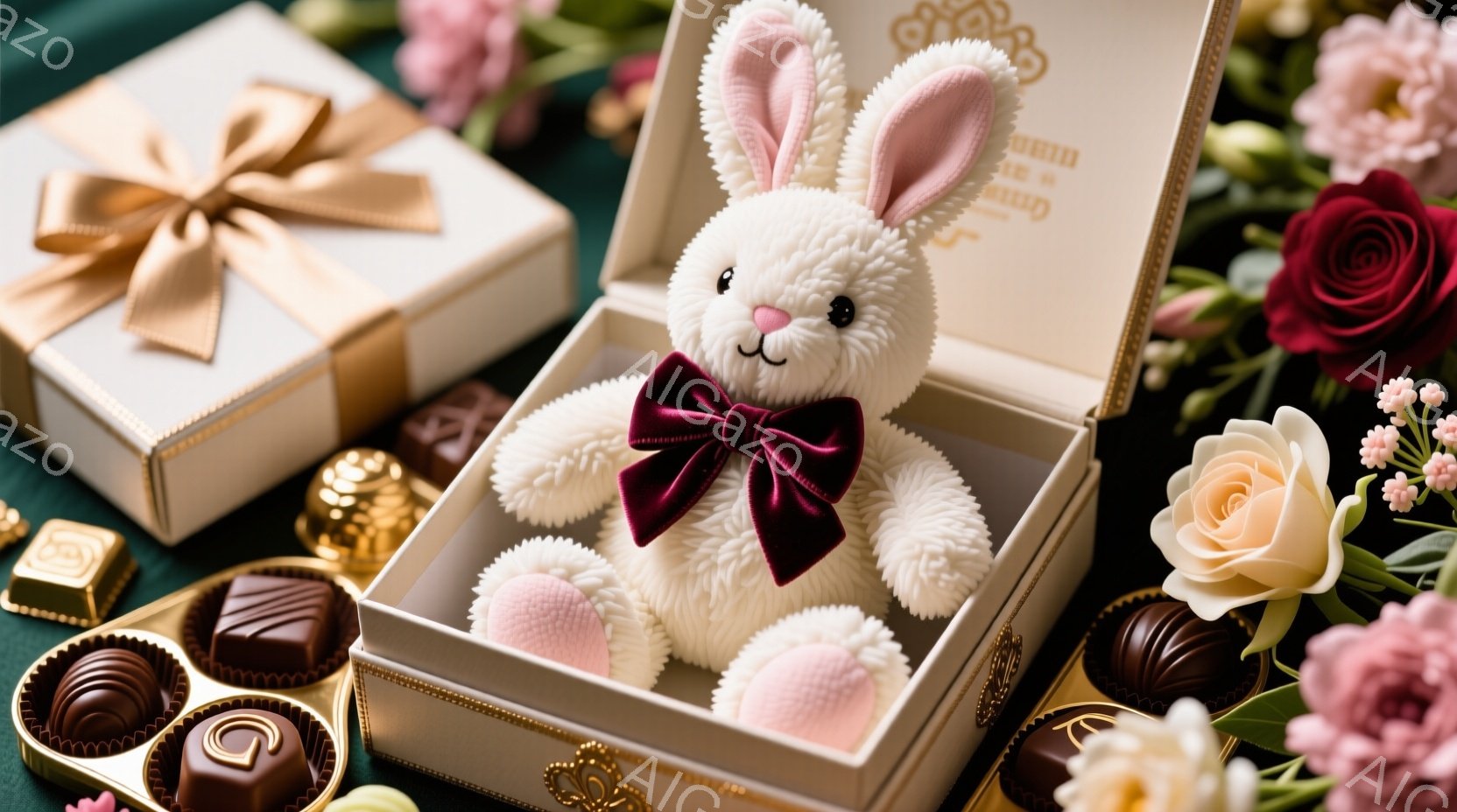 白い箱の中に、ふわふわの白いウサギのぬいぐるみが入っています。ウサギは赤いベルベットのリボンで飾り付けられ、ピンク色の足裏が覗いています。箱の周りにはチョコレートや美しいバラの花が飾られ、上品でロマン - AI生成フリー素材