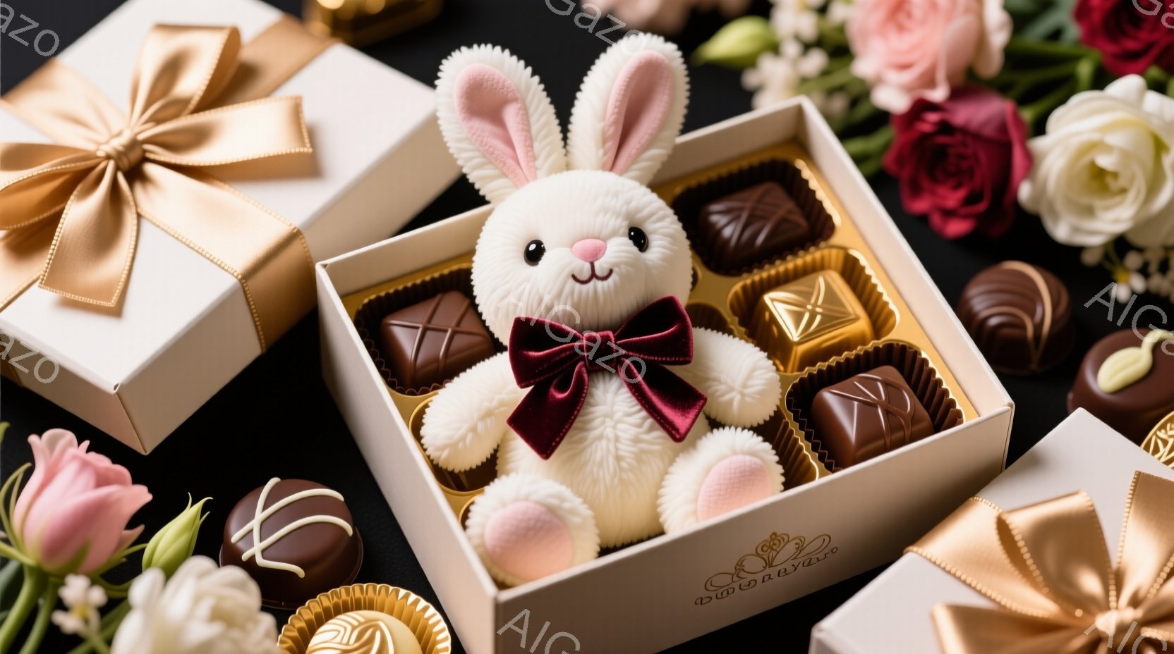 白いふわふわのウサギのぬいぐるみが、赤いベルベットのリボンをつけて、チョコレートが並んだ箱の中に座っています。背景には、ピンクと赤のバラ、金色の包装紙で飾られたギフトボックスが配置され、全体的に甘くロ - AI生成フリー素材