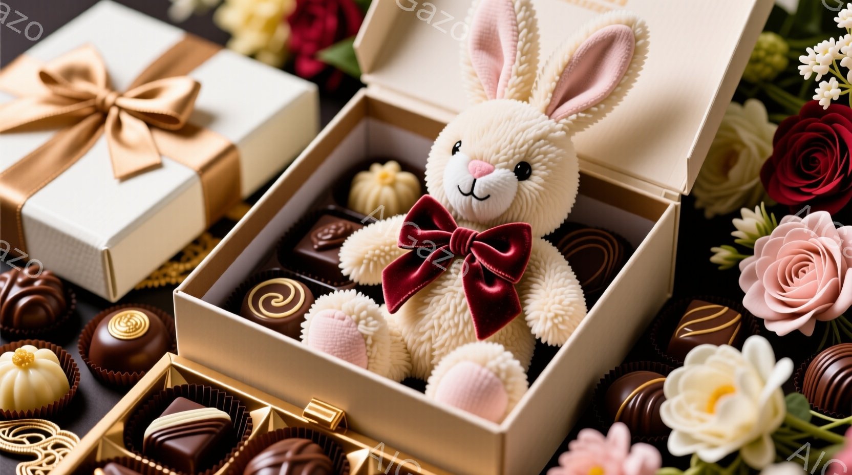 豪華なチョコレートと花々に囲まれた、ふわふわの白いウサギのぬいぐるみが見える。ウサギは赤いリボンをつけており、箱の中に座って微笑んでいるように見える。全体的にロマンチックで甘い雰囲気で、特別な日の贈り - AI生成フリー素材