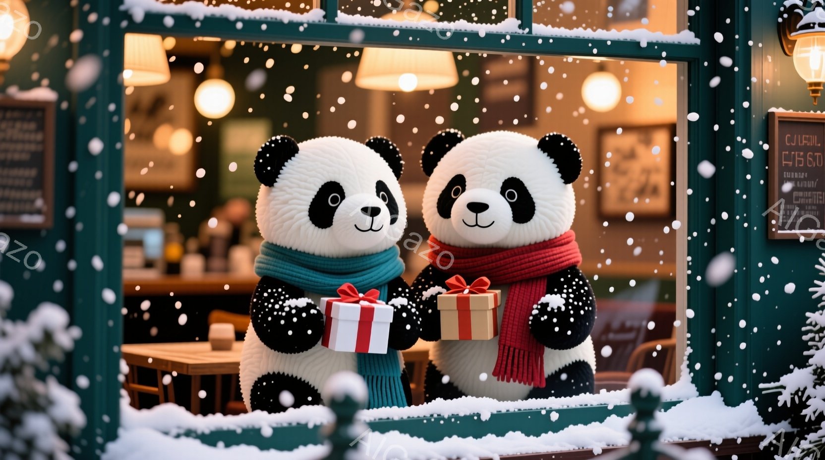 白くてふわふわのパンダの置物が二体、赤いマフラーを巻いて立っています。片方のパンダは赤いリボンが付いたプレゼントの箱を持っています。背景は雪が降る街並みで、カフェのような店内に暖かな光が灯っており、冬の温かく穏やかな雰囲気を伝えています。