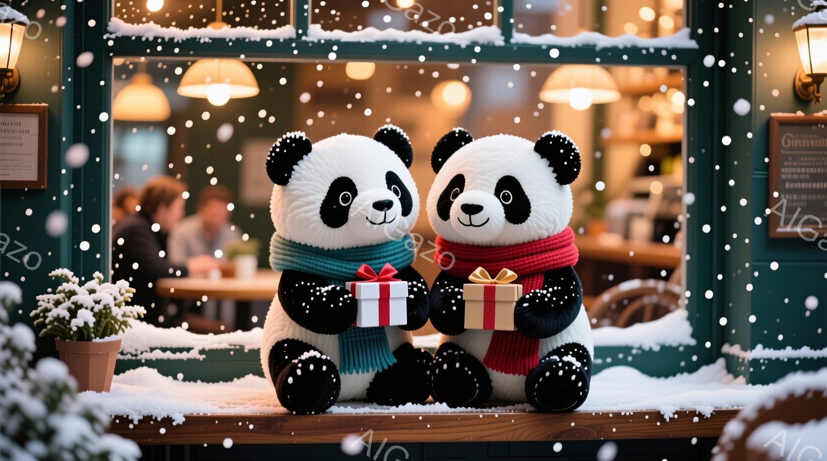 白い背景に雪が舞う中、パンダのぬいぐるみが寄り添って立っています。どちらも赤いマフラーを巻いており、左のパンダは緑色のリボンで結ばれたプレゼントボックスを持っています。背景には、ぼんやりと見えるカフェの内部と、雪に覆われた植物が見え、冬の暖かく穏やかな雰囲気を醸し出しています。