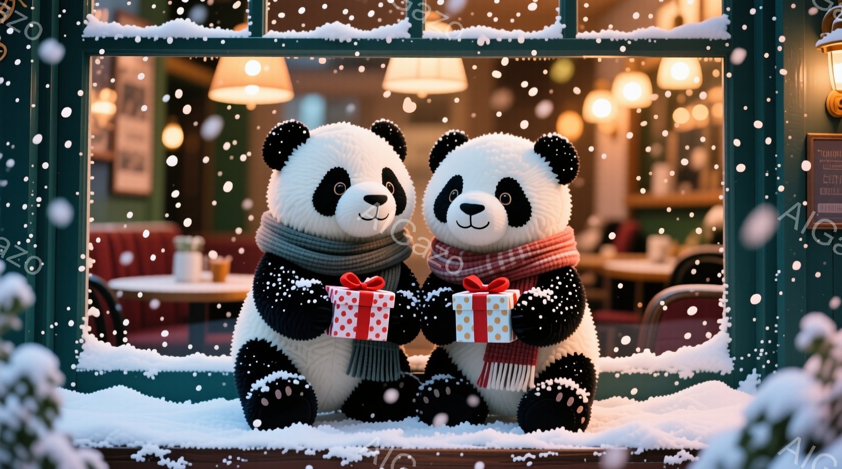 白くてふわふわしたパンダのペアが、赤いストライプのショールと緑色のプレゼントを抱えて寄り添っています。彼らは微笑んでおり、背景には雪が降るカフェの窓辺があり、暖かく穏やかなクリスマスの雰囲気を醸し出しています。雪が厚く積もり、カフェの明かりが暖かく輝いています。