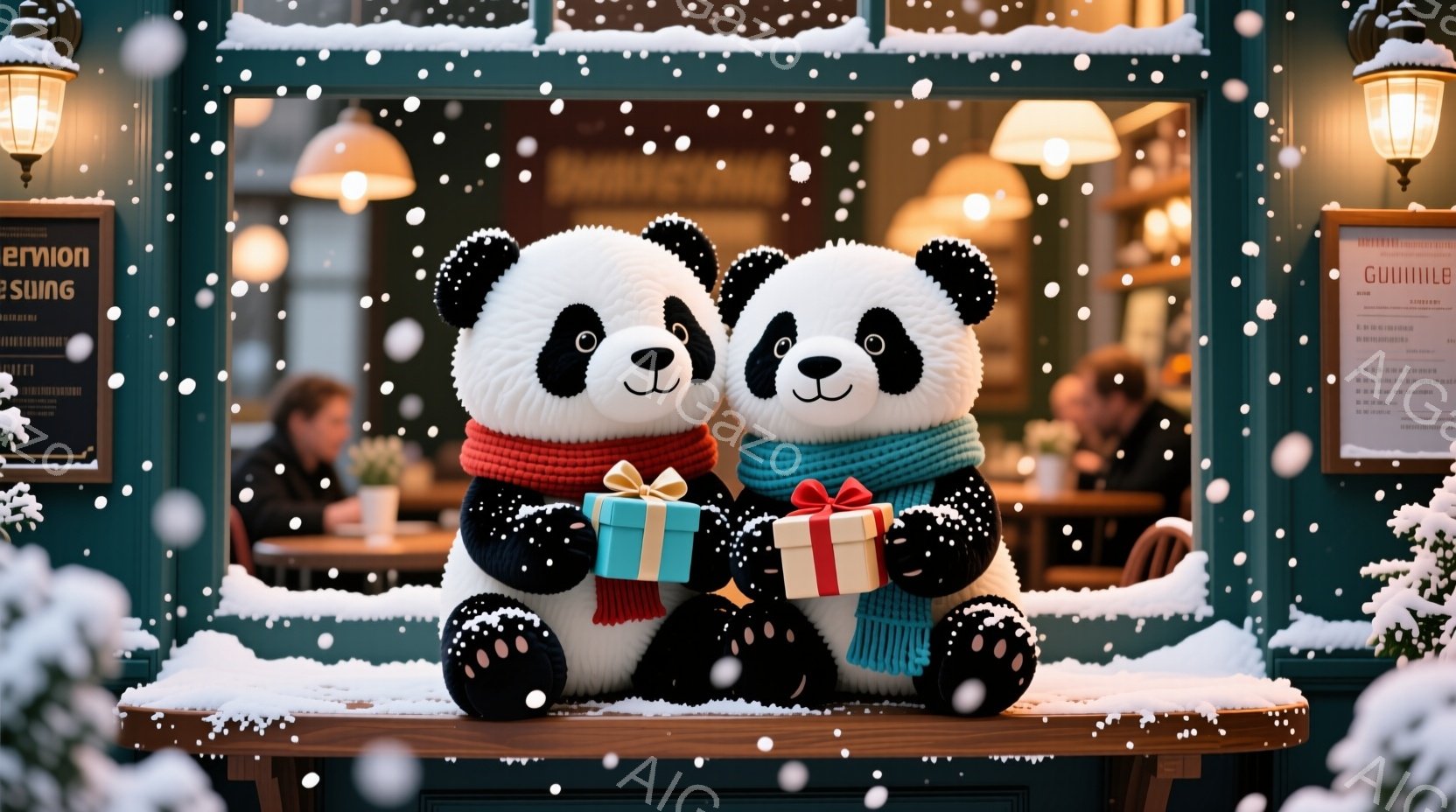 クリスマスの装飾が施されたテーブルに並んだ2匹の愛らしいパンダのぬいぐるみがあります。それぞれ赤いと青いストライプの暖かいマフラーを巻き、小さなギフトボックスを抱えています。背景には、雪が降る街並みと、暖かい光が灯るカフェの窓が見え、祝祭の温かい雰囲気を醸し出しています。
