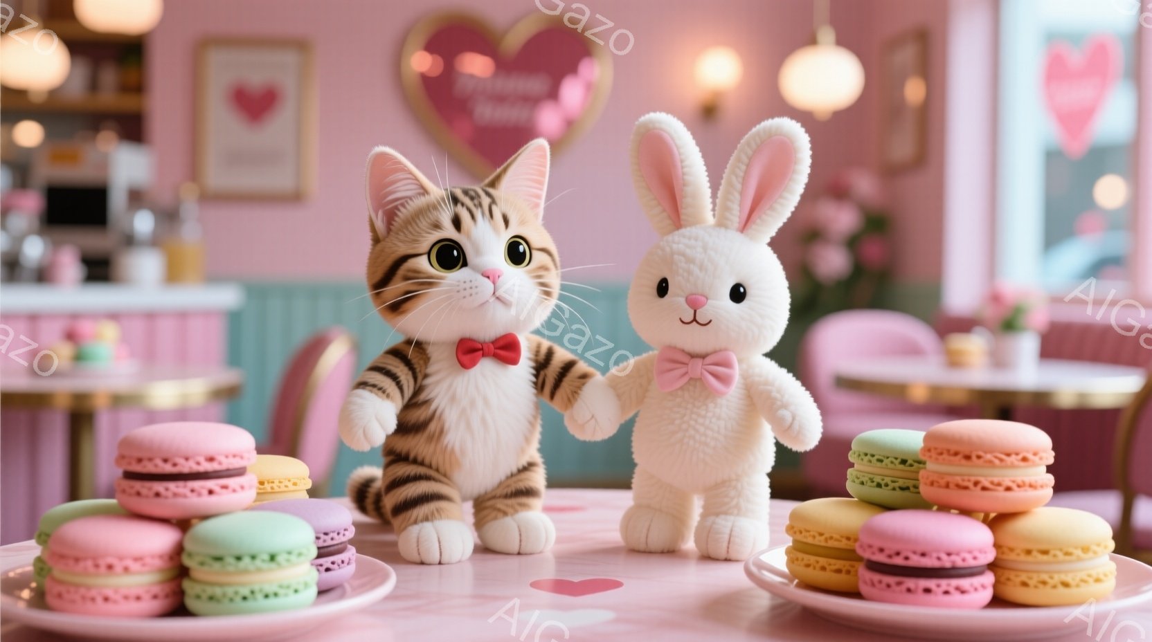 明るいピンク色のカフェで、縞模様の猫とふわふわのウサギが並んで立っています。猫は赤い蝶ネクタイを付け、ウサギは薄いピンクのリボンをつけており、それぞれ愛らしい表情をしています。テーブルの上には色とりどりのマカロンが並び、背景にはパステルカラーの家具やハート型の装飾が見え、全体的に甘くて可愛らしい雰囲気が漂っています。