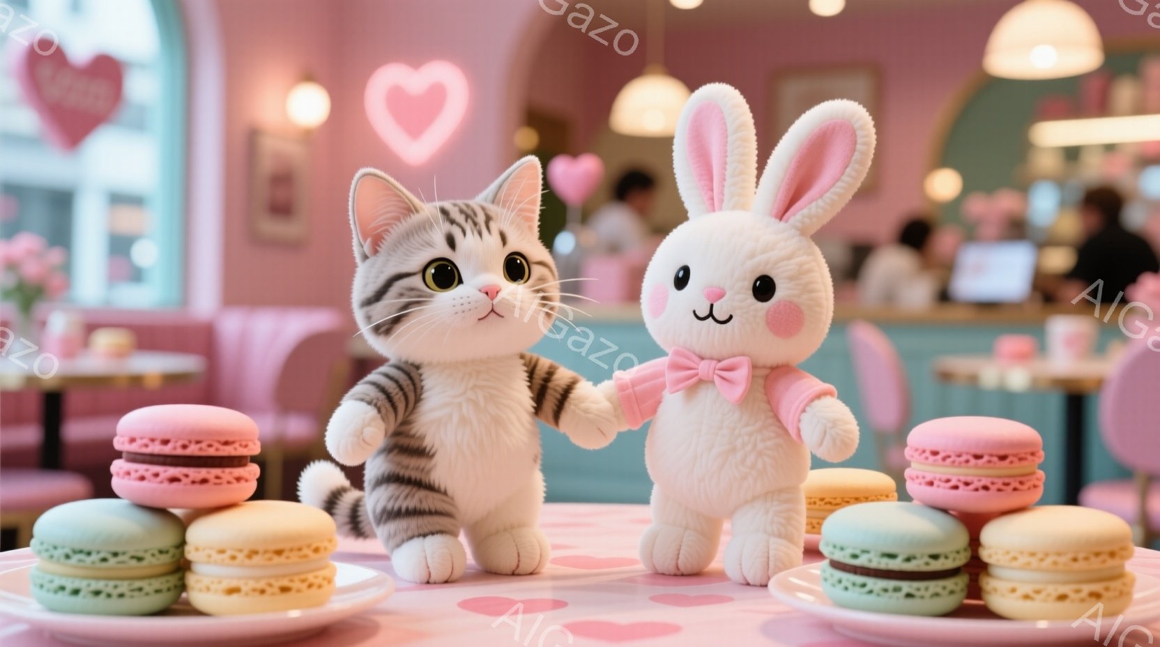 白とグレーの可愛らしいぬいぐるみが、ピンク色のテーブルの上で手をつないで立っています。マカロンが積み重ねられ、背景にはパステルピンクの装飾が施されたカフェのような空間が広がっています。全体的に、甘くて - AI生成フリー素材