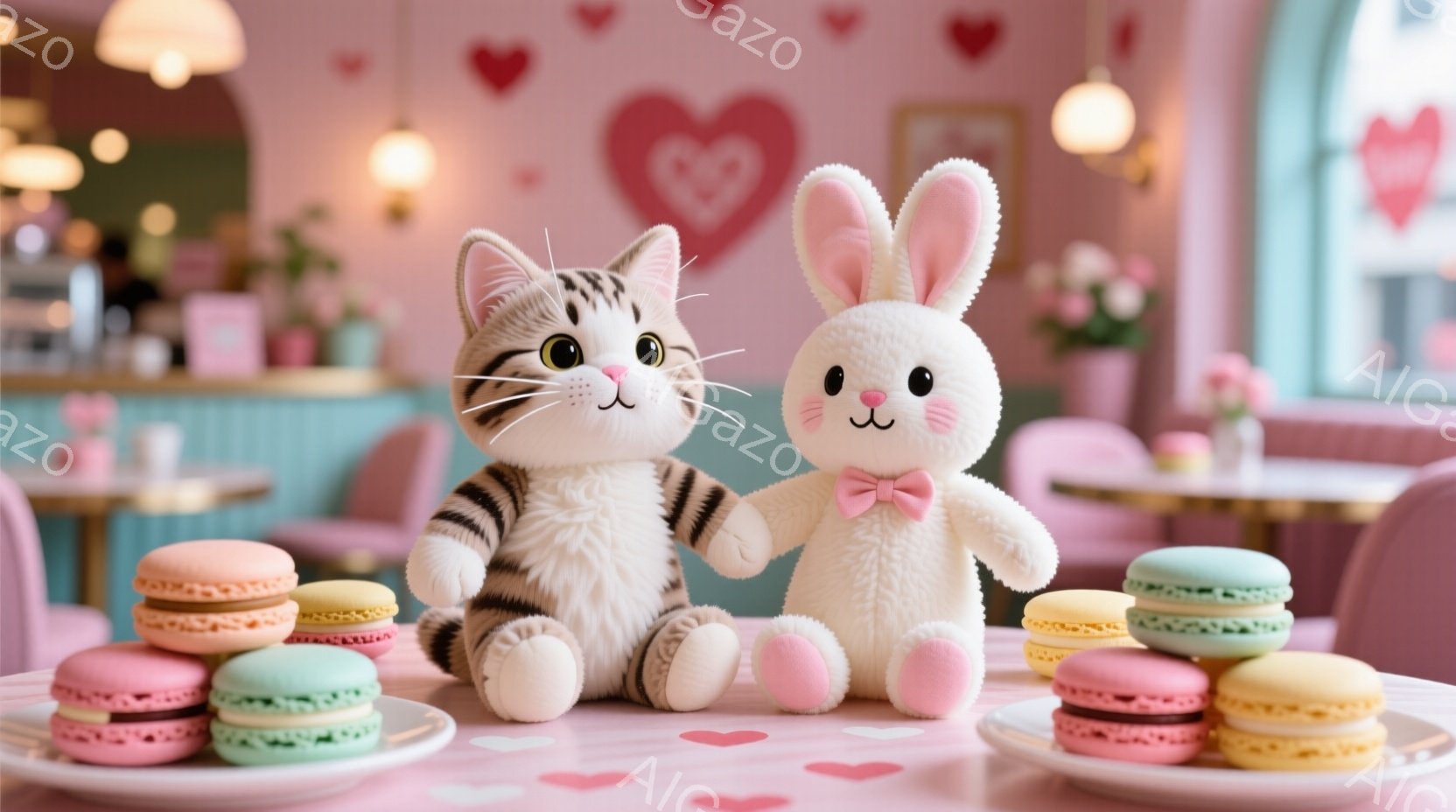 白い背景に、マカロンが並べられたピンク色のテーブルの上に、縞模様の猫のぬいぐるみと白いウサギのぬいぐるみが座っています。ウサギはピンク色のリボンを首に巻いており、両方のぬいぐるみは穏やかな表情をしています。背景にはハート型の装飾やカフェのような内装が見え、全体的に甘くて可愛らしい雰囲気が漂っています。