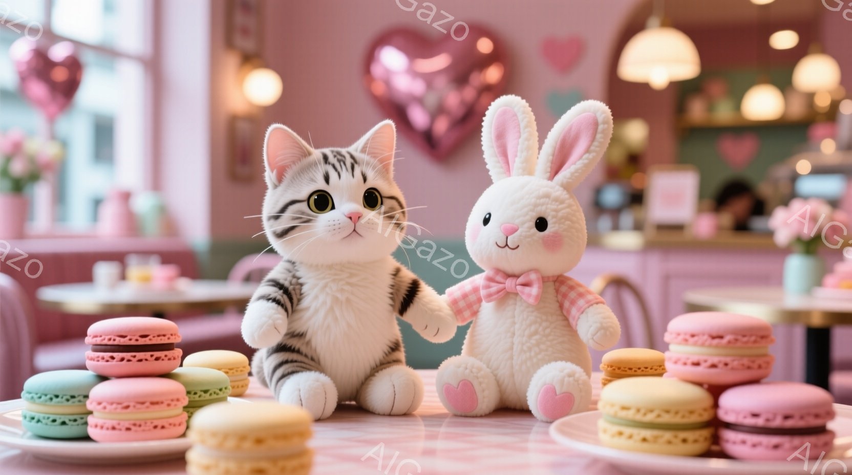 白と黒の縞模様の猫と、ピンクのリボン付きのふわふわのウサギの人形が、マカロンに囲まれたテーブルに座っています。背景はピンク色を基調としたカフェで、ハート型の装飾が施され、暖かく可愛らしい雰囲気を醸し出 - AI生成フリー素材