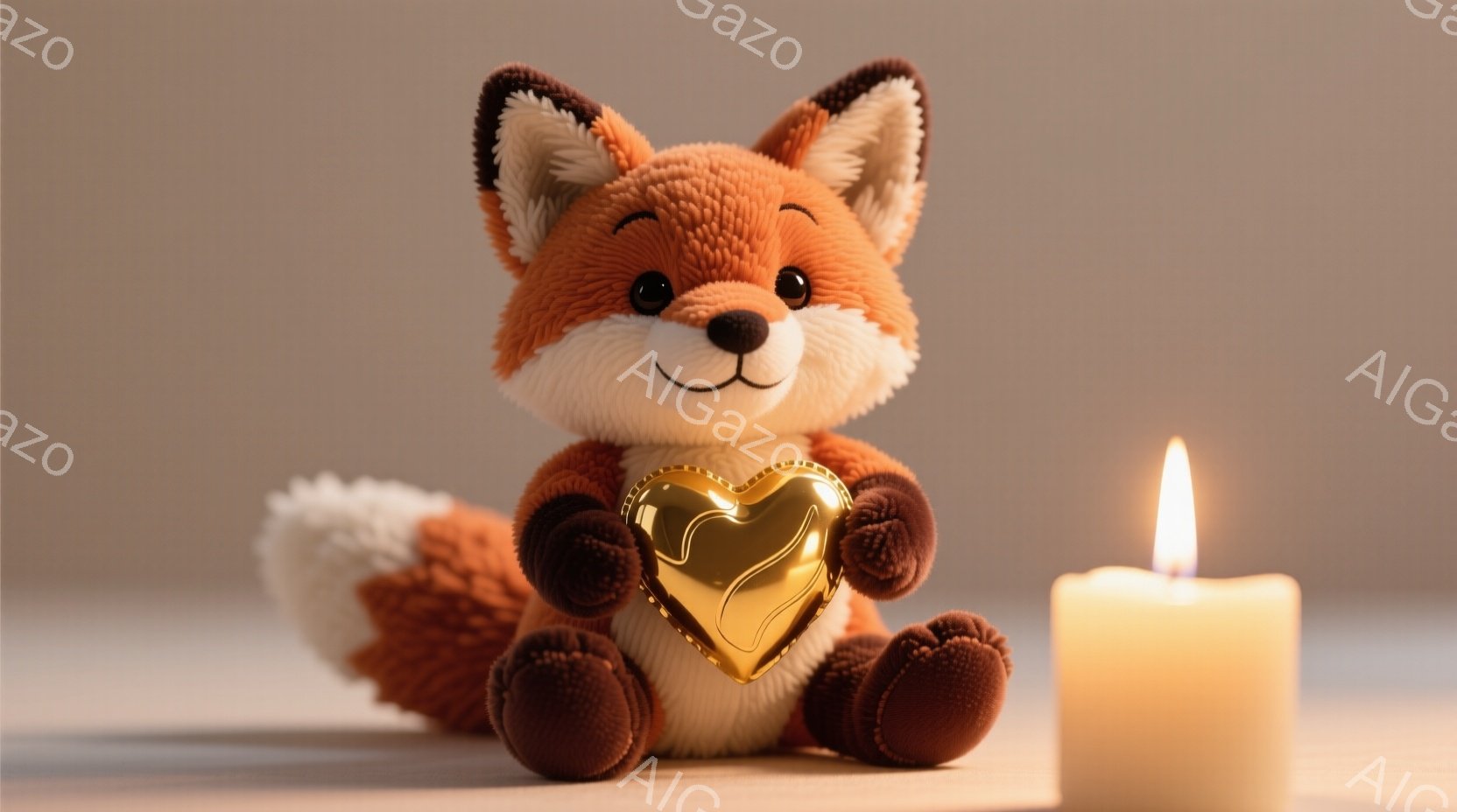 オレンジ色のふわふわのキツネのぬいぐるみは、茶色の袖が付いた服を着て、金色のハート型のチョコレートを両手で抱えています。ぬいぐるみは優しい笑顔で、柔らかい光が差し込む暖かい雰囲気の中で、白いキャンドル - AI生成フリー素材
