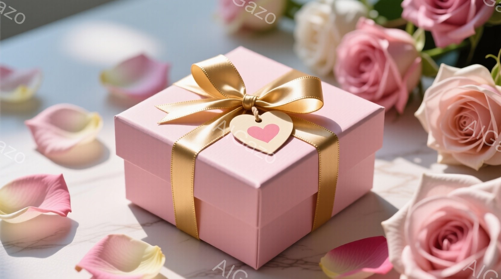 淡いピンク色のギフトボックスが、白い大理石のような背景の上に置かれています。ボックスは金色のリボンで結ばれ、ハート型のタグがついています。周囲にはバラの花びらが散りばめられ、優雅でロマンチックな雰囲気を醸し出しています。