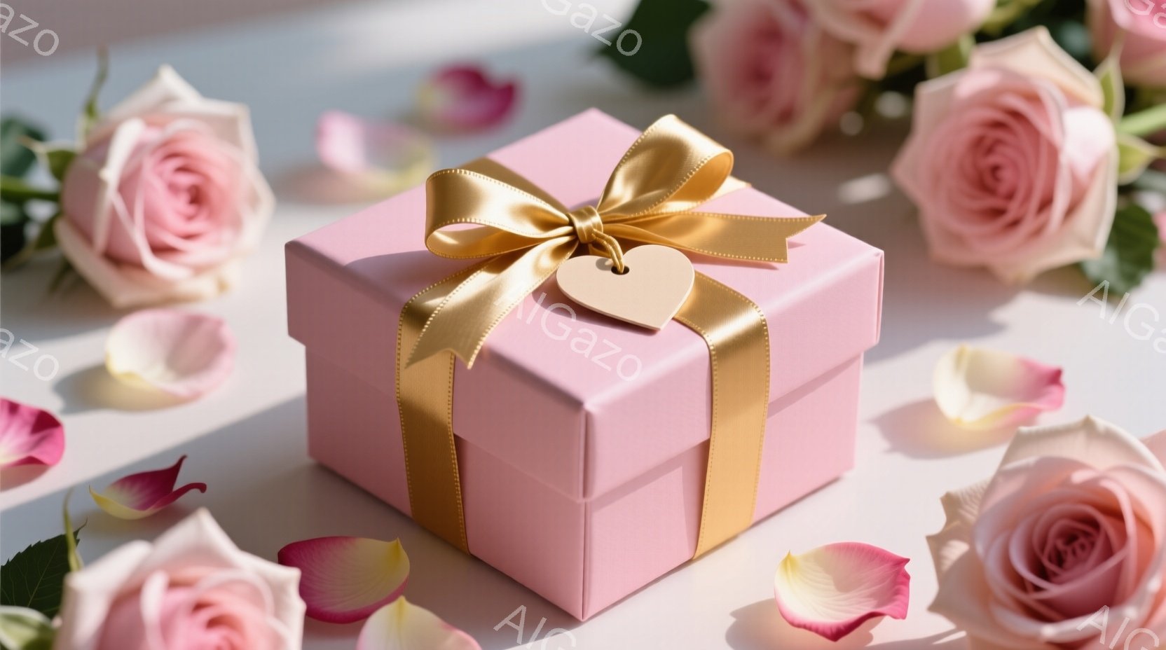 淡いピンク色のギフトボックスが、バラの花びらと咲きかけのバラに囲まれて配置されています。ギフトボックスは金色のリボンで結ばれ、可愛らしいハート型のタグがついています。背景は白く、全体的に柔らかくロマンチックな雰囲気を醸し出しています。