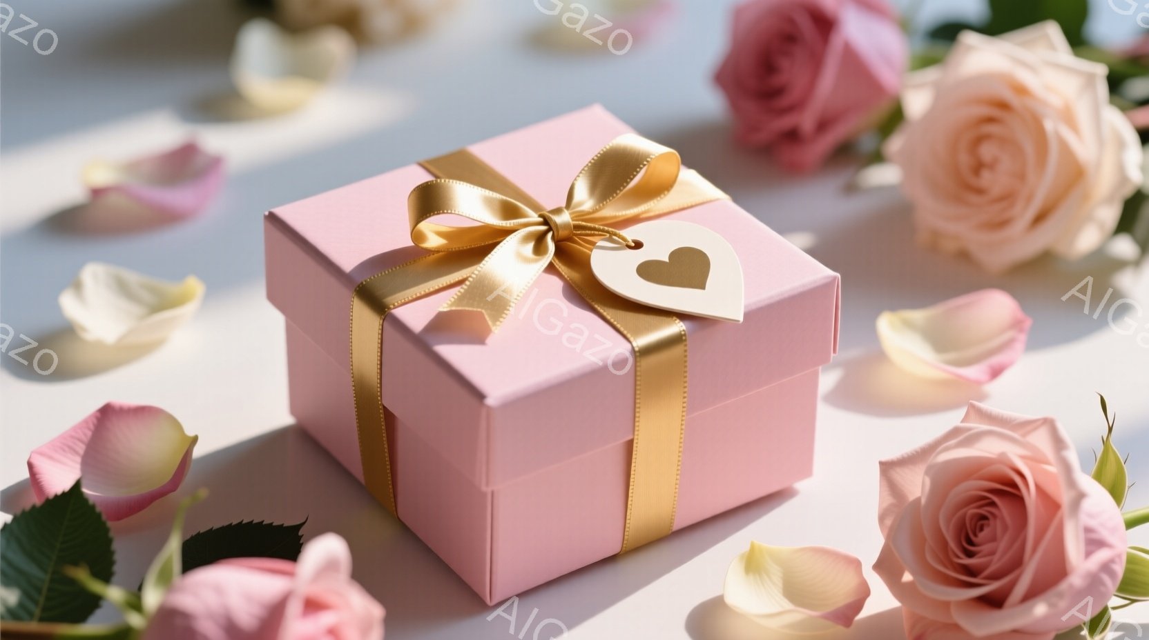 淡いピンク色のギフトボックスが、白い背景の上に置かれています。金色のリボンとハート型のタグが可愛らしいアクセントになっており、バラの花びらと咲きかけのバラが周りを彩っています。全体的に柔らかく、ロマンチックで、贈り物や愛情を表現するような雰囲気です。