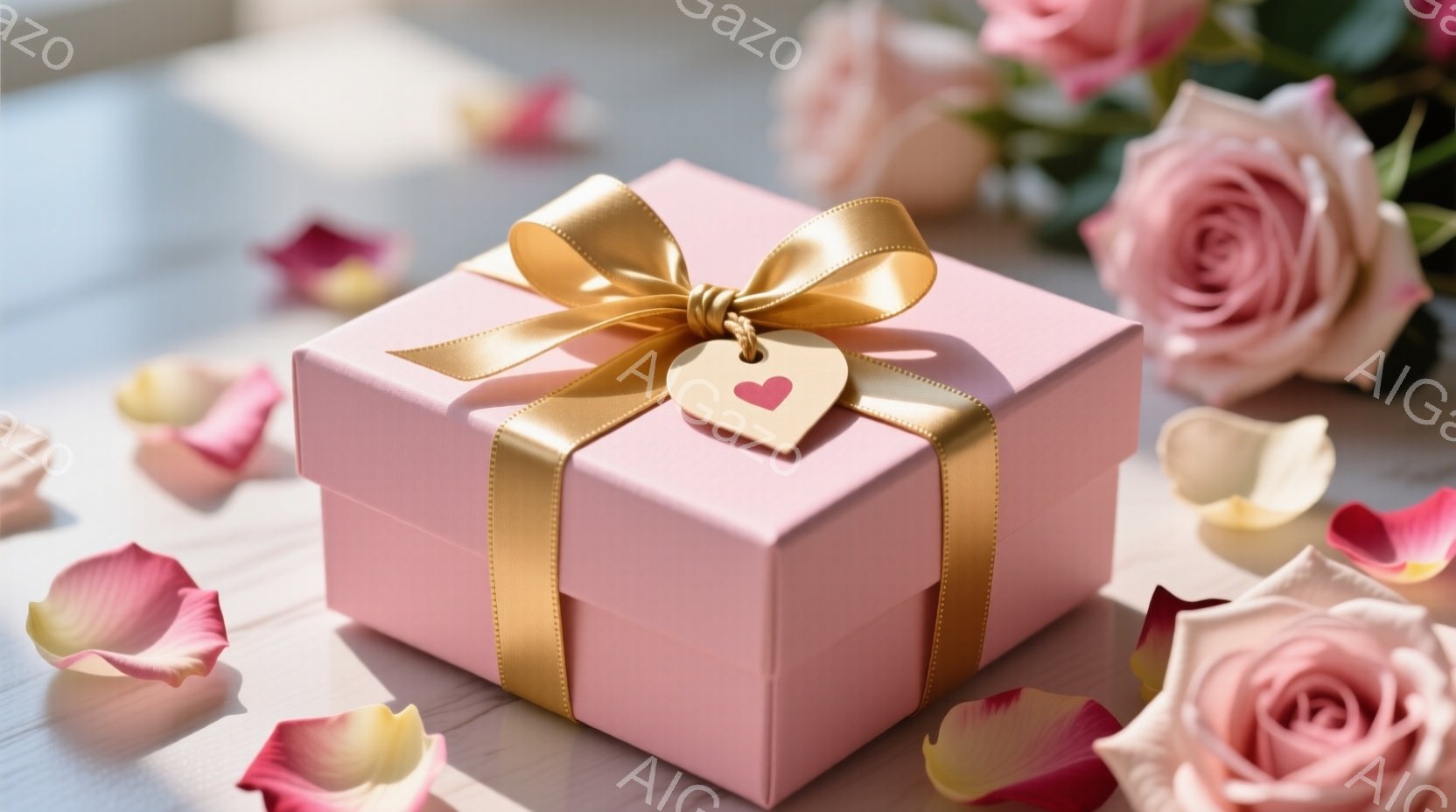 淡いピンク色のギフトボックスが、明るい木製のテーブルの上に置かれています。金色のリボンが丁寧に結ばれ、ハート型のタグが付いています。周囲にはバラの花びらが散りばめられ、ロマンチックで優しい雰囲気を醸し - AI生成フリー素材
