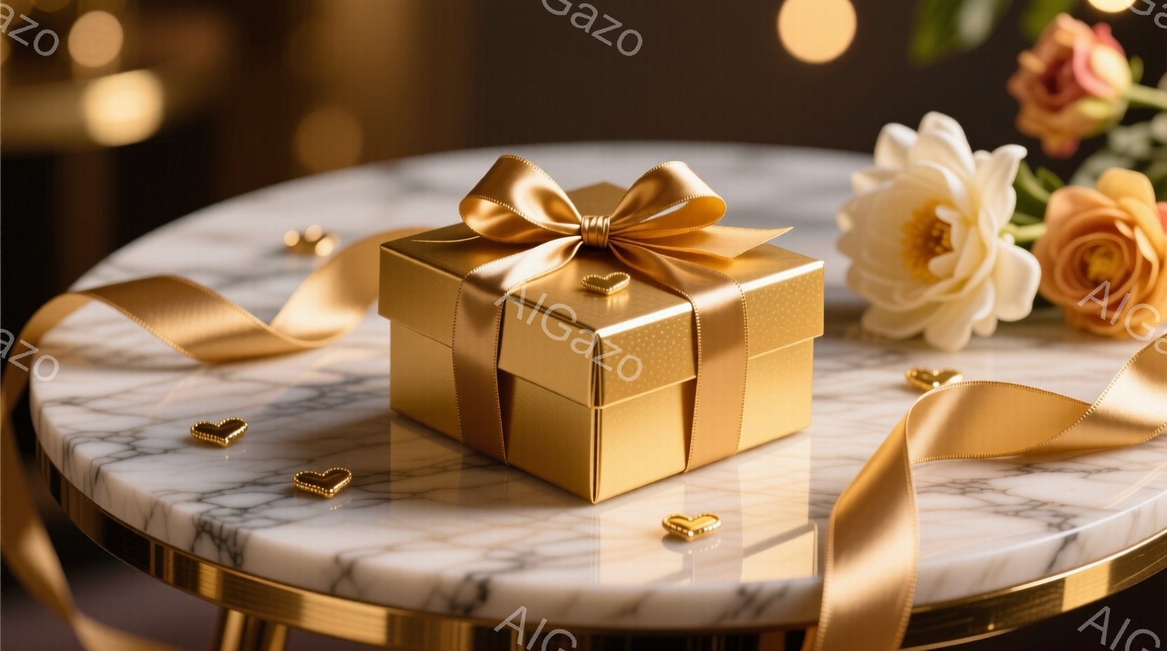 黄金色のギフトボックスが、大理石模様のテーブルの上に置かれています。周囲には金色のリボンとハート型の紙吹雪が散りばめられ、背景にはぼやけた花が咲き誇り、優雅でロマンチックな雰囲気を醸し出しています。暖 - AI生成フリー素材