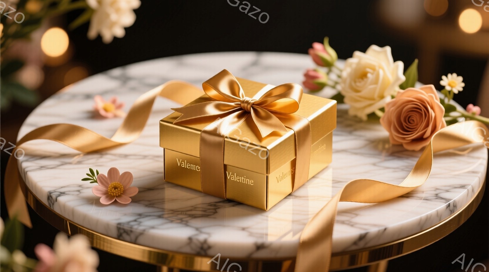 光沢のある金色のギフトボックスが、大理石模様のテーブルに置かれています。ボックスには「Valentino」という文字が繰り返し描かれており、金色のリボンで飾られています。周囲にはピンクとオレンジの花々 - AI生成フリー素材