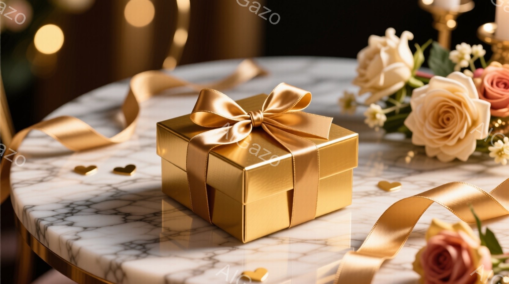 金色のギフトボックスが、大理石模様のテーブルの上に置かれています。周囲には、淡いピンクや白のバラの花束が飾られ、キラキラと輝くハート型の紙吹雪が散りばめられています。全体的に暖かく、ロマンチックで華やかな雰囲気が漂っています。