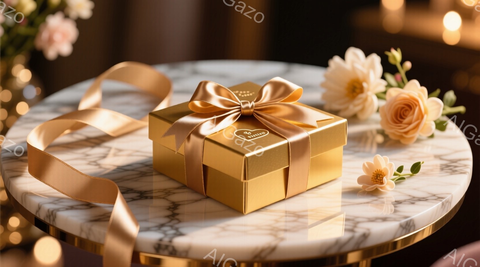 金色のギフトボックスが、大理石柄のテーブルの上に置かれています。ボックスには金色のリボンが結ばれており、周囲にはオレンジやクリーム色の花々が飾られています。背景はぼかされており、暖かくロマンチックな雰 - AI生成フリー素材