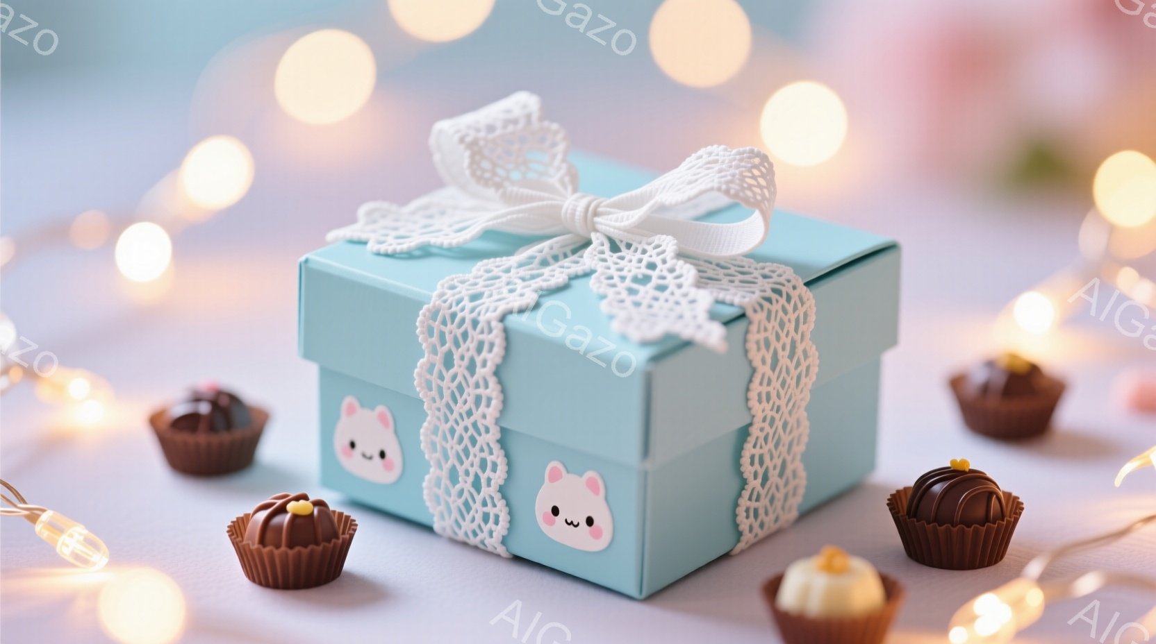 水色のギフトボックスが、レースのリボンで飾られています。箱には可愛らしい子犬の顔が描かれており、周囲にはチョコレートが散りばめられています。背景はぼやけた光のぼかしで、全体的に温かく、優しい雰囲気が漂 - AI生成フリー素材