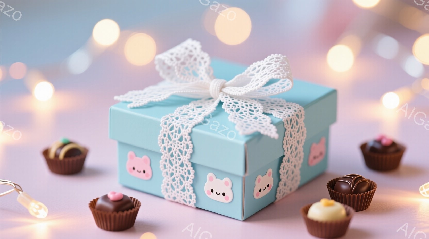 水色のギフトボックスが、白いレースのリボンで飾られ、箱の側面に可愛らしいピンク色のブタのイラストが描かれています。周囲にはチョコレート菓子が配置されており、背景はぼやけたピンク色で、小さな光の粒子が散りばめられています。全体的に柔らかく、甘い雰囲気で、プレゼントや特別な機会を連想させます。