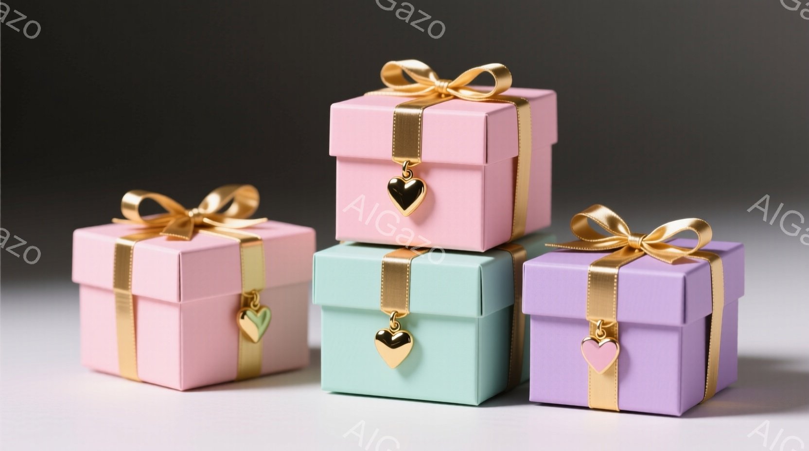 薄いピンク、水色、ラベンダー色のギフトボックスが4つ、白い背景の上に積み重ねられ、または並べられています。各ボックスは金色のリボンとハート型のタグで飾られています。全体的に、柔らかく、お祝いの雰囲気があり、プレゼントや特別な機会を連想させます。