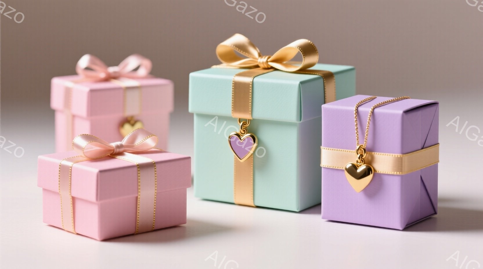 淡いピンク、水色、紫色のギフトボックスが並んで配置されています。各ボックスは金色のリボンで飾られ、ハート型のチャームが付いた繊細なチェーンが掛かっています。背景は白く、柔らかく優しい雰囲気で、プレゼントや特別な機会を連想させます。