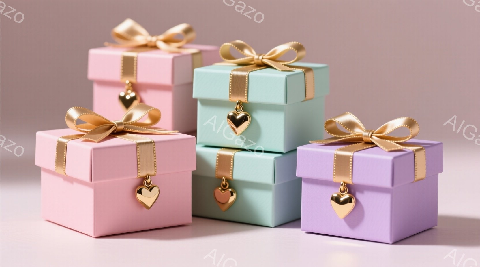 淡いピンク、水色、紫色のギフトボックスが積み重ねられた写真です。それぞれの箱には金色のリボンと小さな金のハートのチャームが付いており、優しい雰囲気を醸し出しています。背景は明るいピンク色で、全体的に柔 - AI生成フリー素材