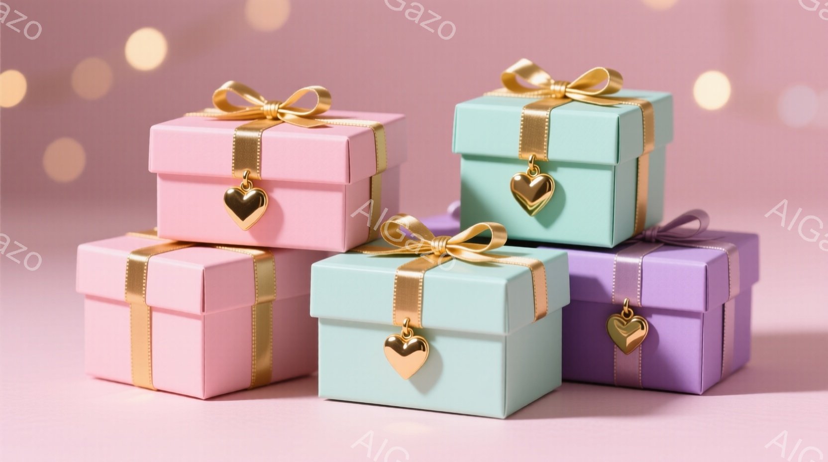 淡いピンク、水色、紫色のギフトボックスが積み重ねられて配置されています。各ボックスには金色のリボンとハート型のチャームが飾られており、背景は同じピンク色で、ぼやけた光の円が点在しています。全体的に柔ら - AI生成フリー素材