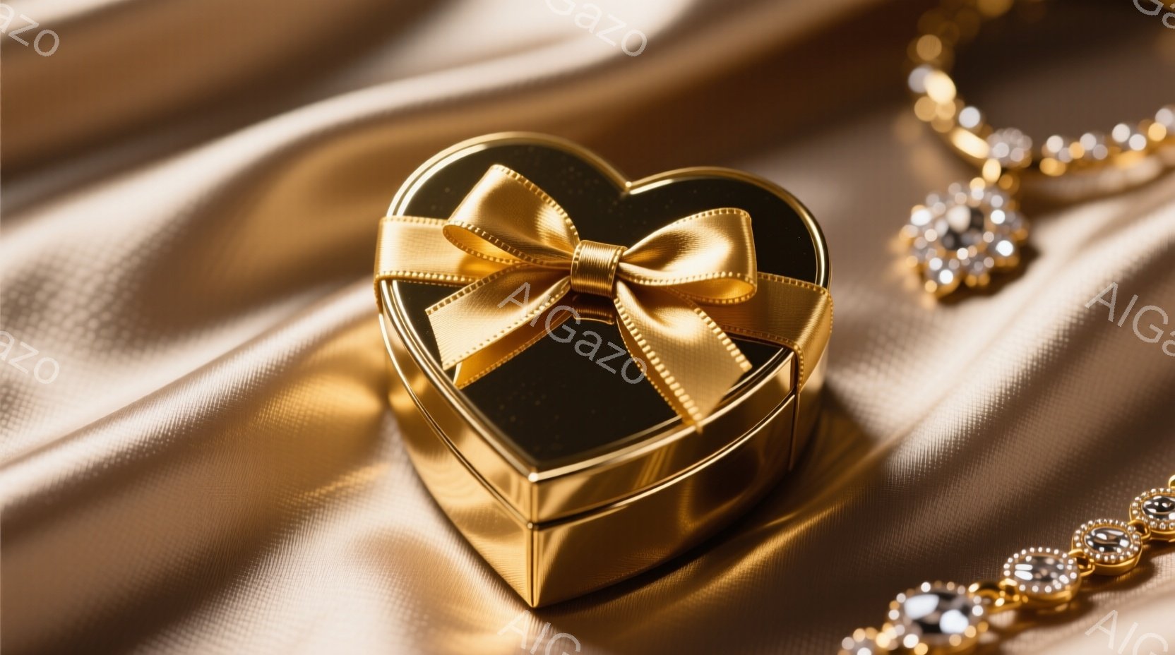 光沢のある金色に輝くハート型の宝石箱が、しわのある金色サテンの布の上に置かれています。箱には金色のリボンが結ばれており、右上に輝く宝石が連なったネックレスの一部が見えます。全体的に、豪華でロマンチックな雰囲気で、特別な日の贈り物や宝物を連想させます。
