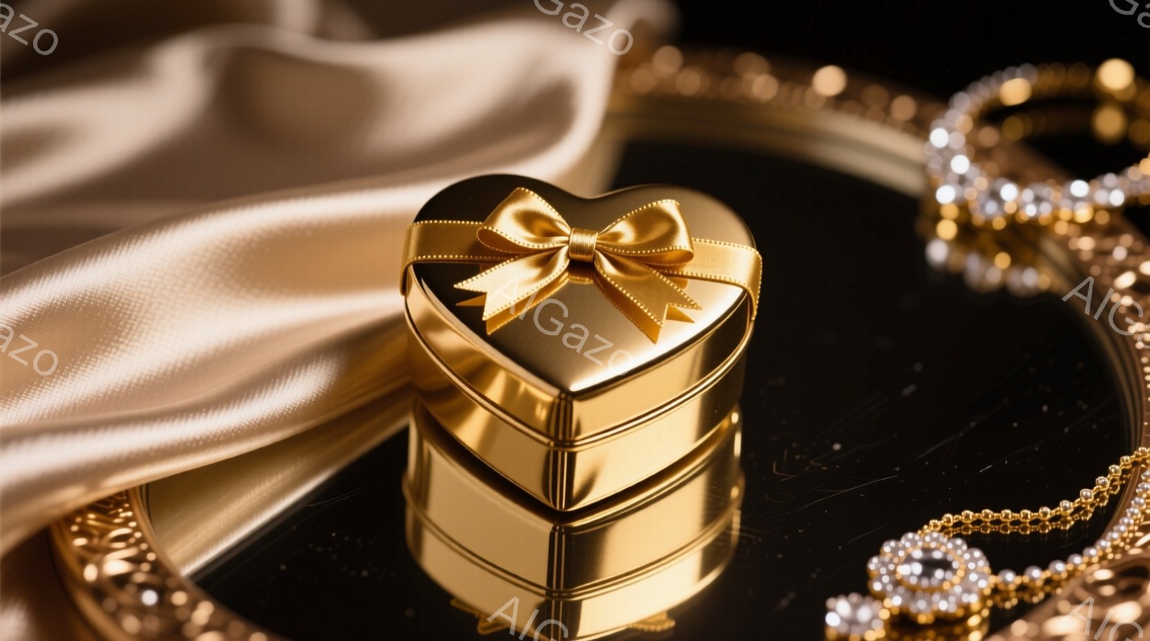 金色のハート型の宝石箱が、光沢のある黒い台の上に置かれています。箱はリボンで飾られ、その周囲にはきらびやかなネックレスが散りばめられています。全体的に豪華でロマンチックな雰囲気で、特別な贈り物や記念日を連想させます。