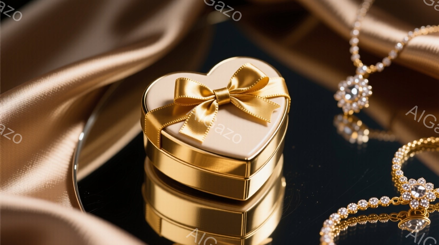ベルベットのような光沢のある金色の布の上に、ハート型の宝石箱が置かれています。箱は金色のリボンで飾られており、その隣にはきらびやかな宝石で飾られたネックレスがいくつかあります。全体的に、豪華でロマンチックな雰囲気を醸し出しています。