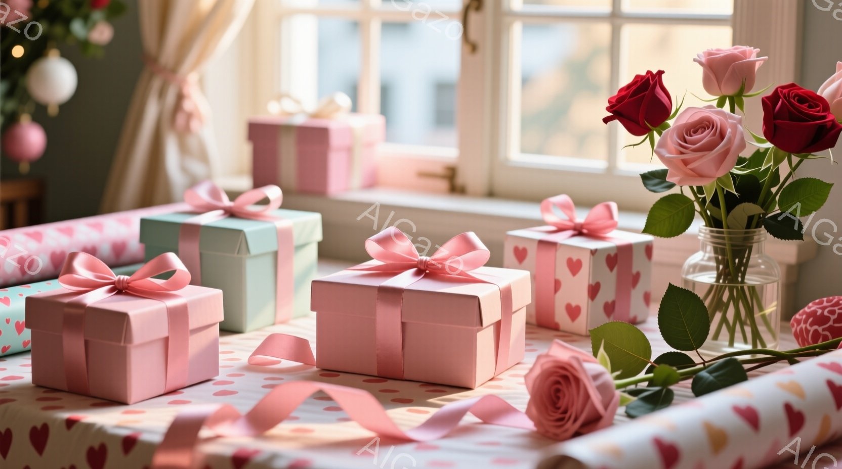薄いピンクや水色の包装紙で包まれたプレゼントボックスが、赤いハート柄のテーブルクロスの上に整然と並んでいます。背景には窓があり、外の風景がぼんやりと見え、明るい光が差し込んでいます。テーブルの隅には、 - AI生成フリー素材