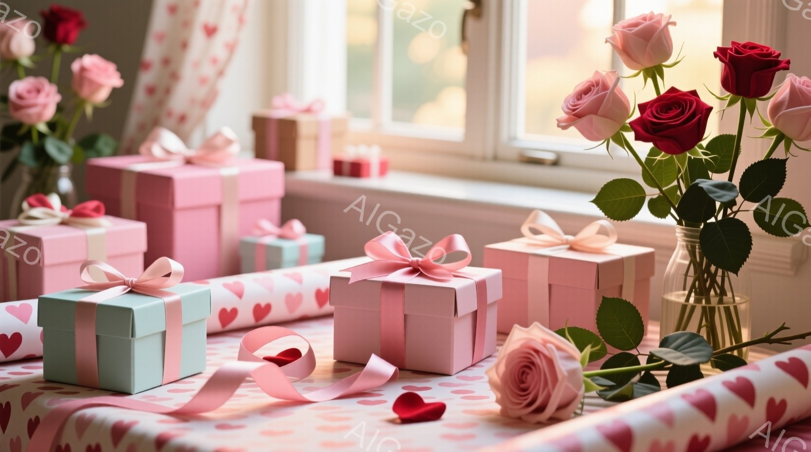柔らかい光が差し込む室内で、ピンクと水色のプレゼントボックスが並べられています。プレゼントはハート柄のリボンや包装紙で飾られ、バラの花と一緒に飾られています。全体的にロマンチックで優しい雰囲気が漂い、バレンタインデーや誕生日などの特別な機会を連想させます。