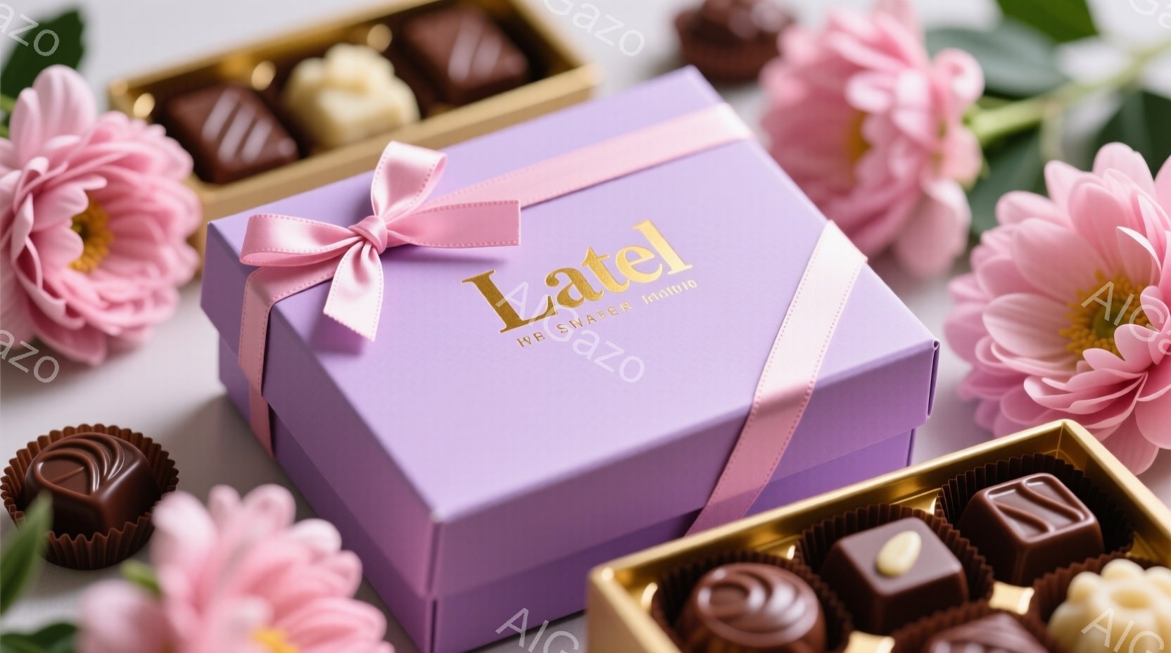 淡い紫色をしたギフトボックスが、ピンクのリボンでラッピングされ、箱の正面には金色の文字で「Latel」と書かれています。箱の周りには、咲き誇るピンク色の花が配置され、開いたギフトボックスの中には様々な - AI生成フリー素材